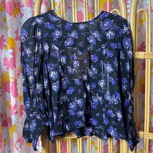 NWT Ganni Black Blouse with Purple Floral Print SZ 42